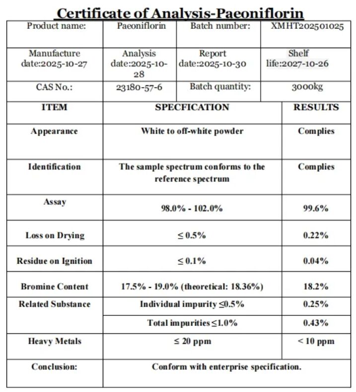 Esempio gratuito Antiossidante Materie prime Biancantile Cosmetico Pianta Peonia bianca in polvere Estratto di radice di peonia 10%-50% Paeoniflorina